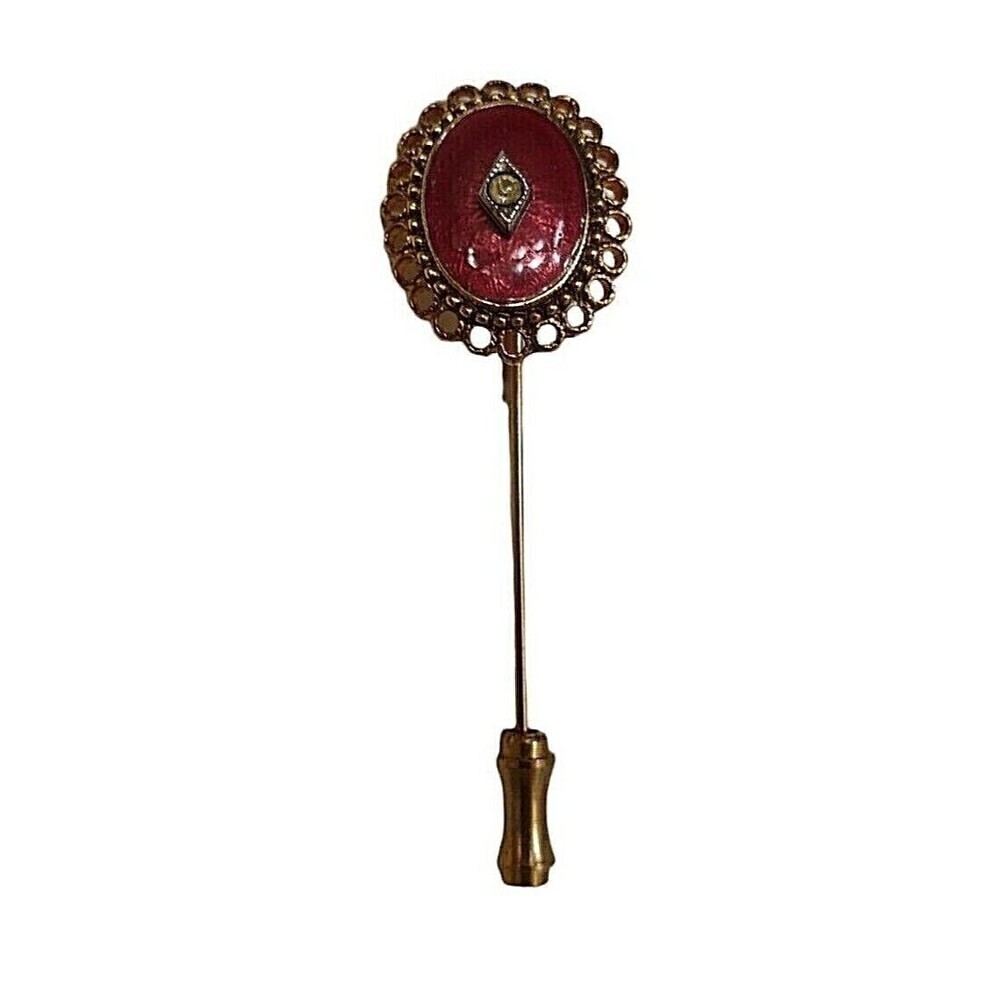 Vintage Stick Pin Burgundy Enamel with Centered Diamond Shaped Rhinestone